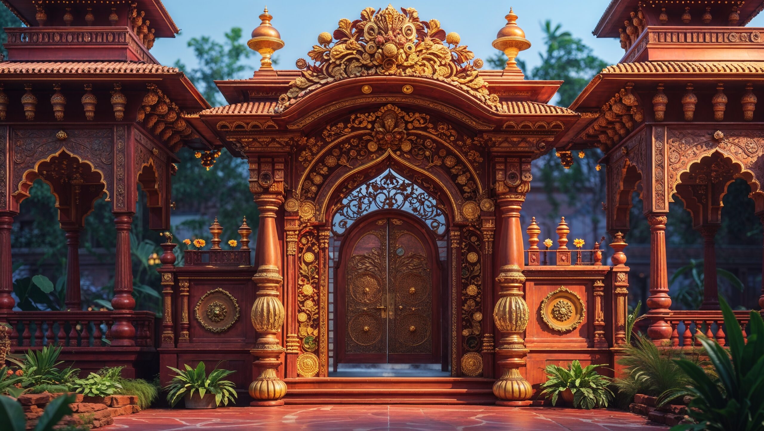 “Modern cultural gate concept, sleek metallic structure